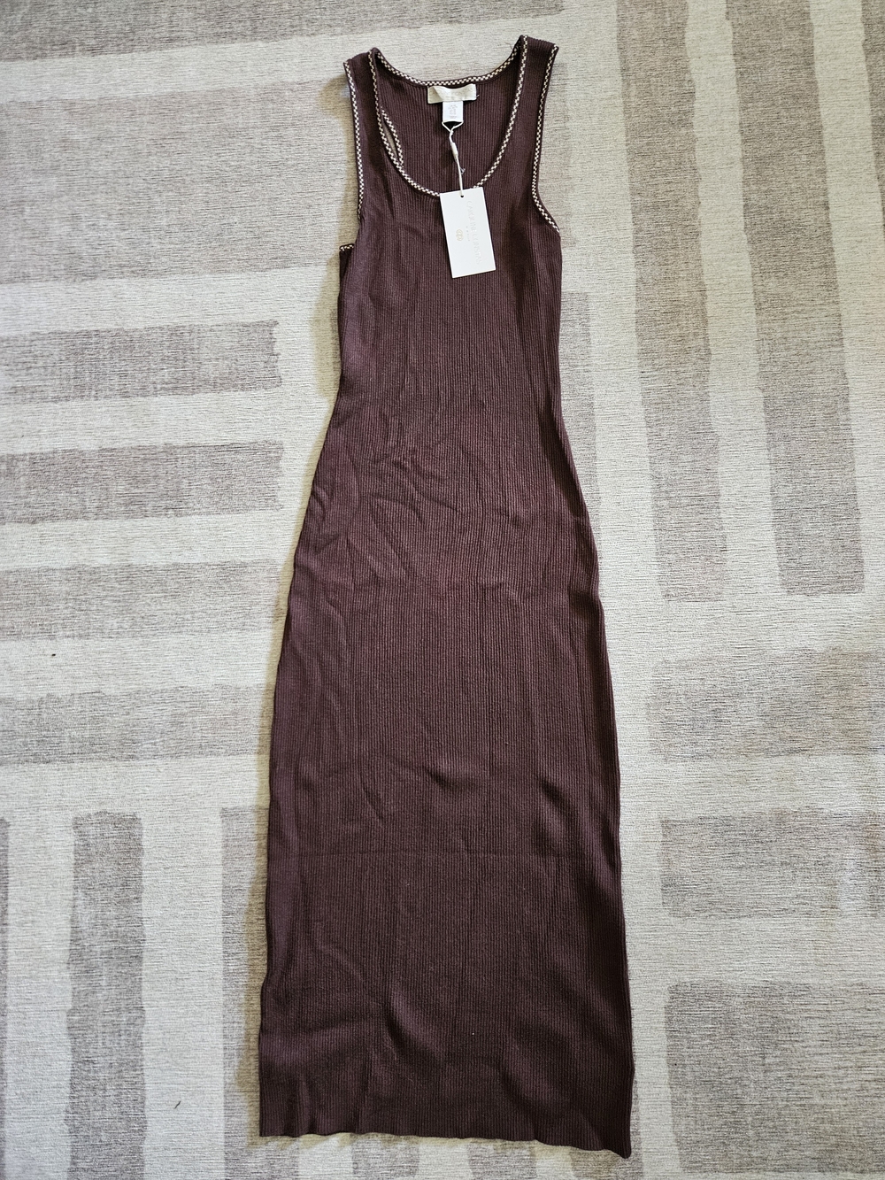 New With Tags Caroline Constas Chocolate Brown Ribbed Maxi Dress w Contrast Trim